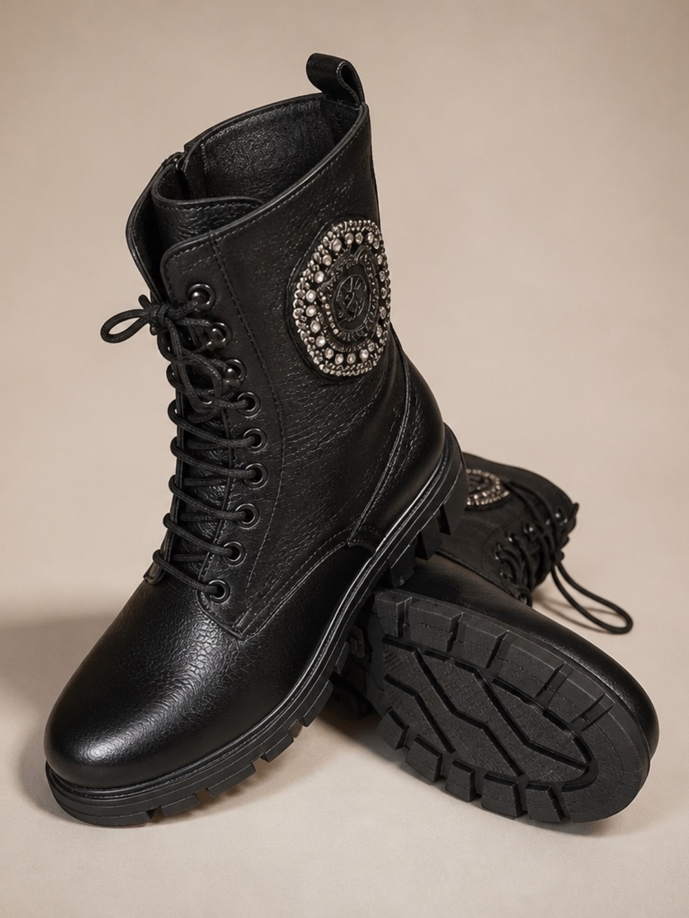 Nila & Nila Women's Black Soft Leather Lace-Up Combat Boots with Side Zip